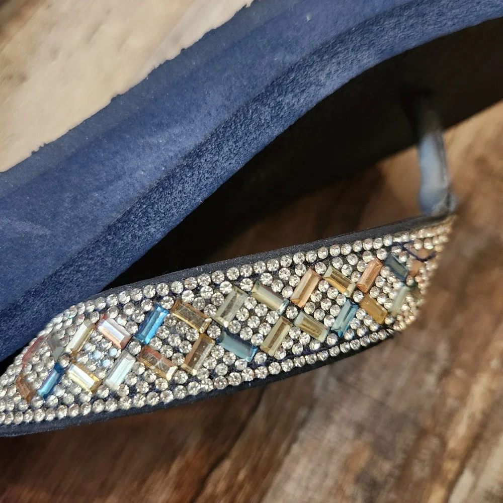 Skechers Vinyasa Glory Day Navy Blue Rhinestone Crystal Platform Wedge Sandals 9